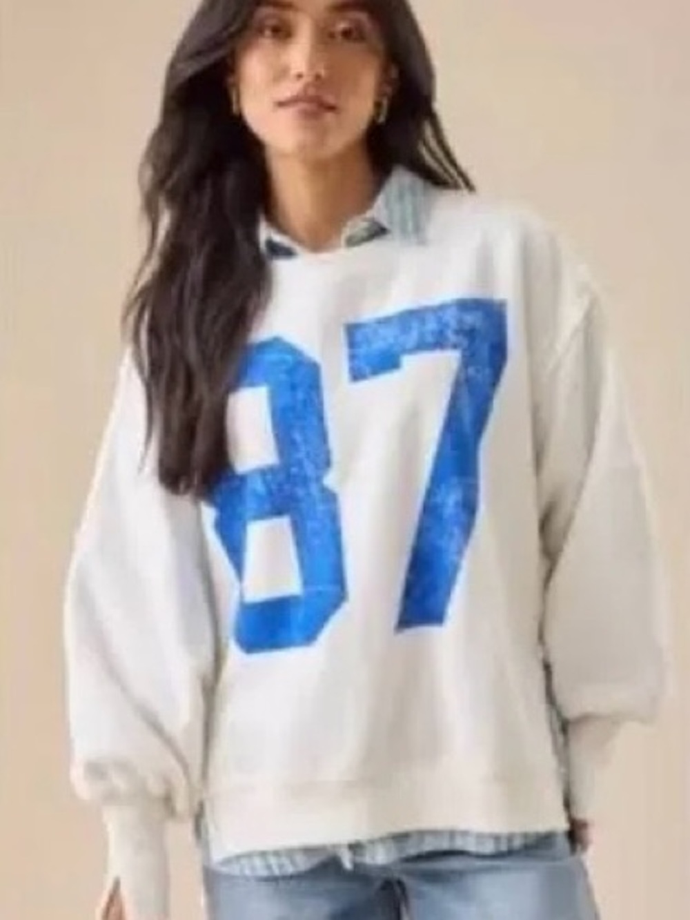 Altar'd State White Crewneck Sweater with Blue '87' Graphic